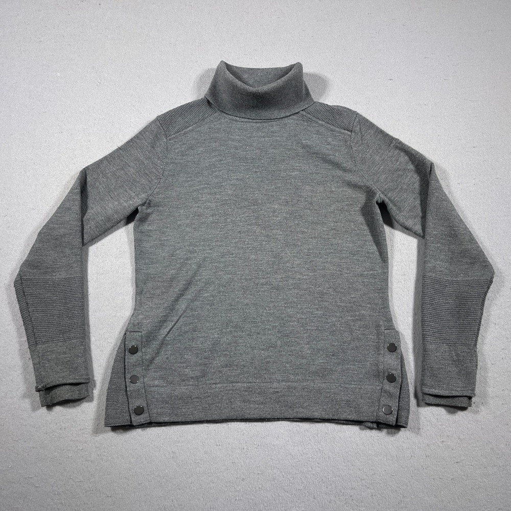 Athleta Womens M Gray Merino Wool Blend Turtleneck Sweater Side Snap Hem